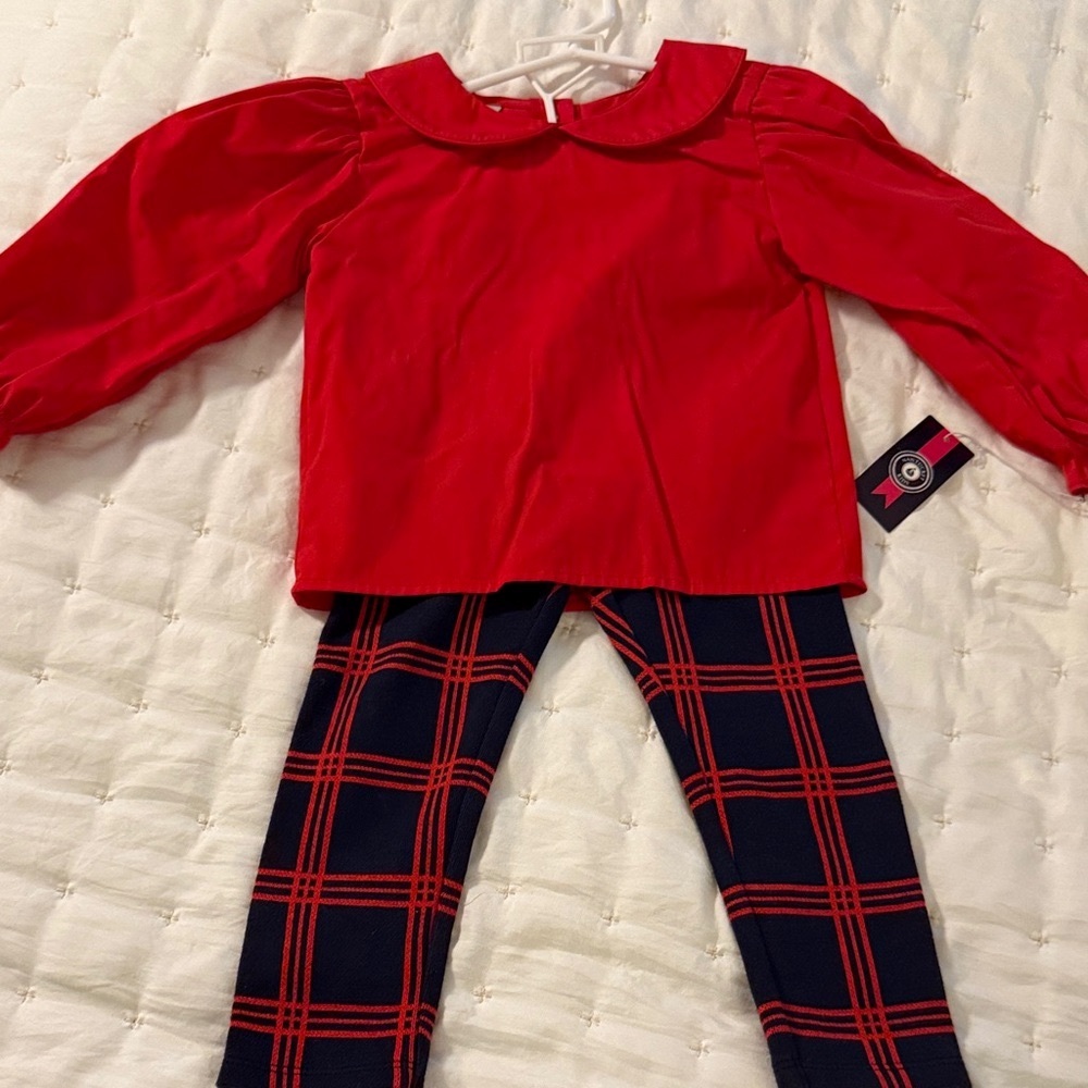Red Top and Plaid Leggings Set - holiday